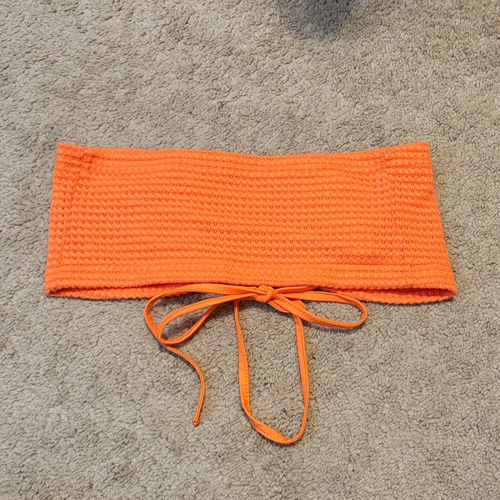 SHEIN Orange Crochet Strapless Tie-Front Crop Top